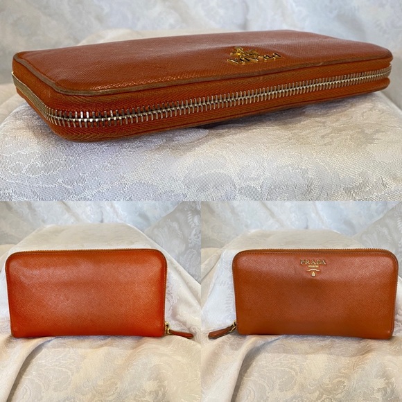 Prada Papaya Saffiano Leather & Gold Logo Long Zip-around  Wallet Fall color 103 - Picture 5 of 7